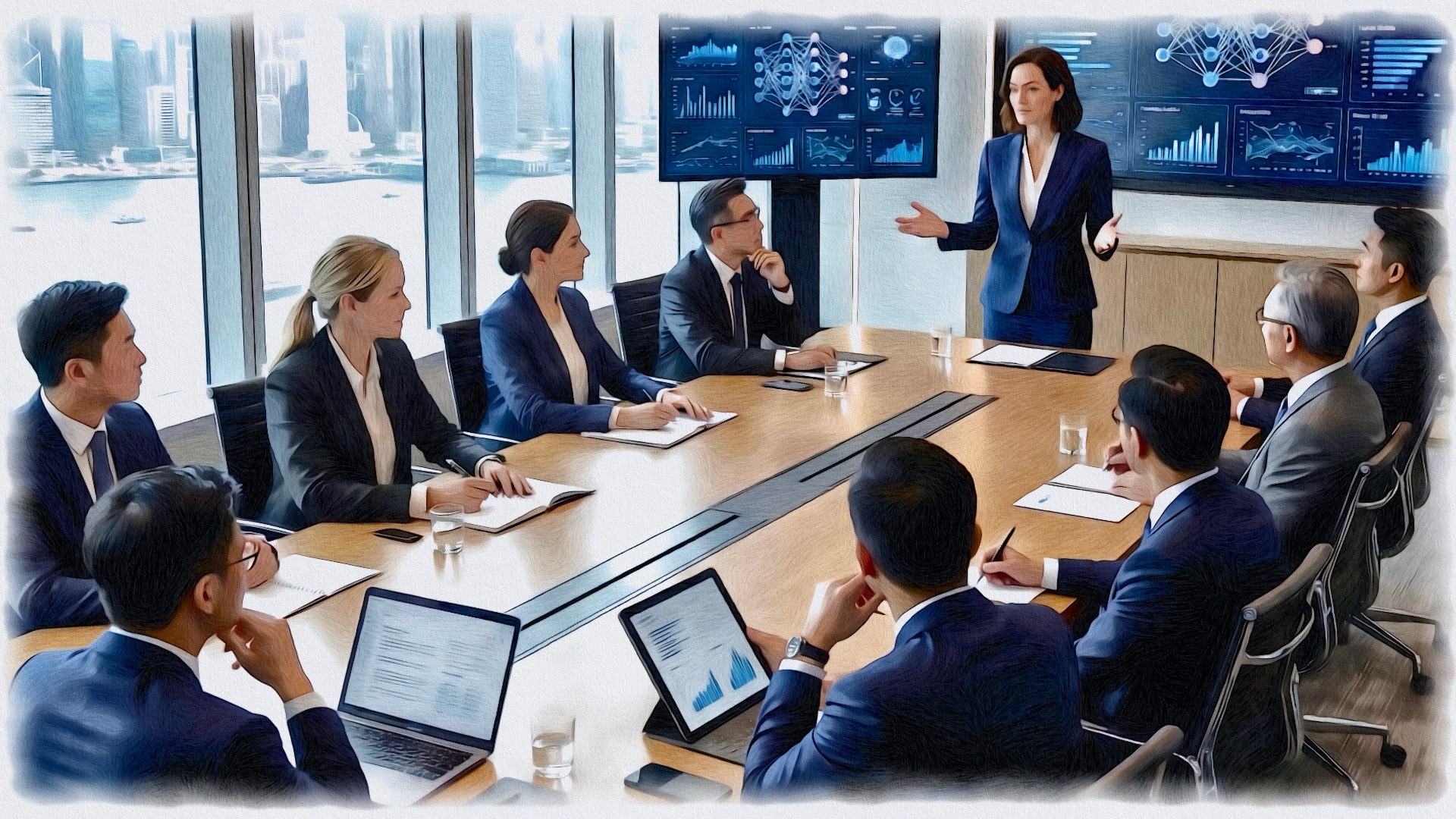 Leadership team strategizing AI implementation with expert guidance